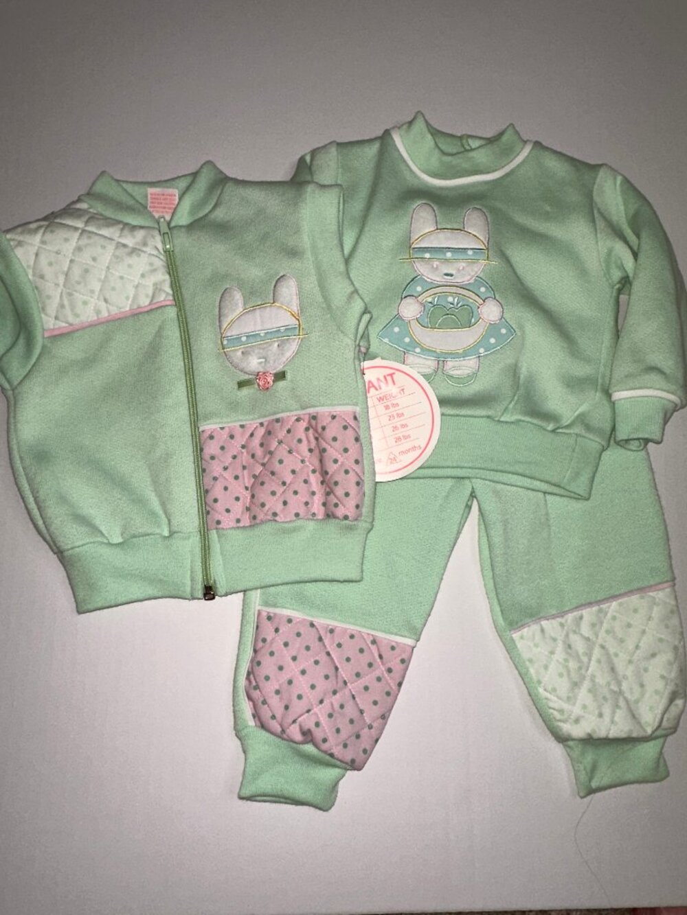NWT Vintage 90s Baby Girl 12 Months Bunny Fleece Sweatshirt Sweat Suit Set #708